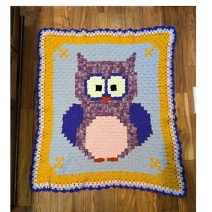 Handmade Crochet Owl Baby Blanket Purple Blue Yellow‎ C2C Nursery Throw 36x41